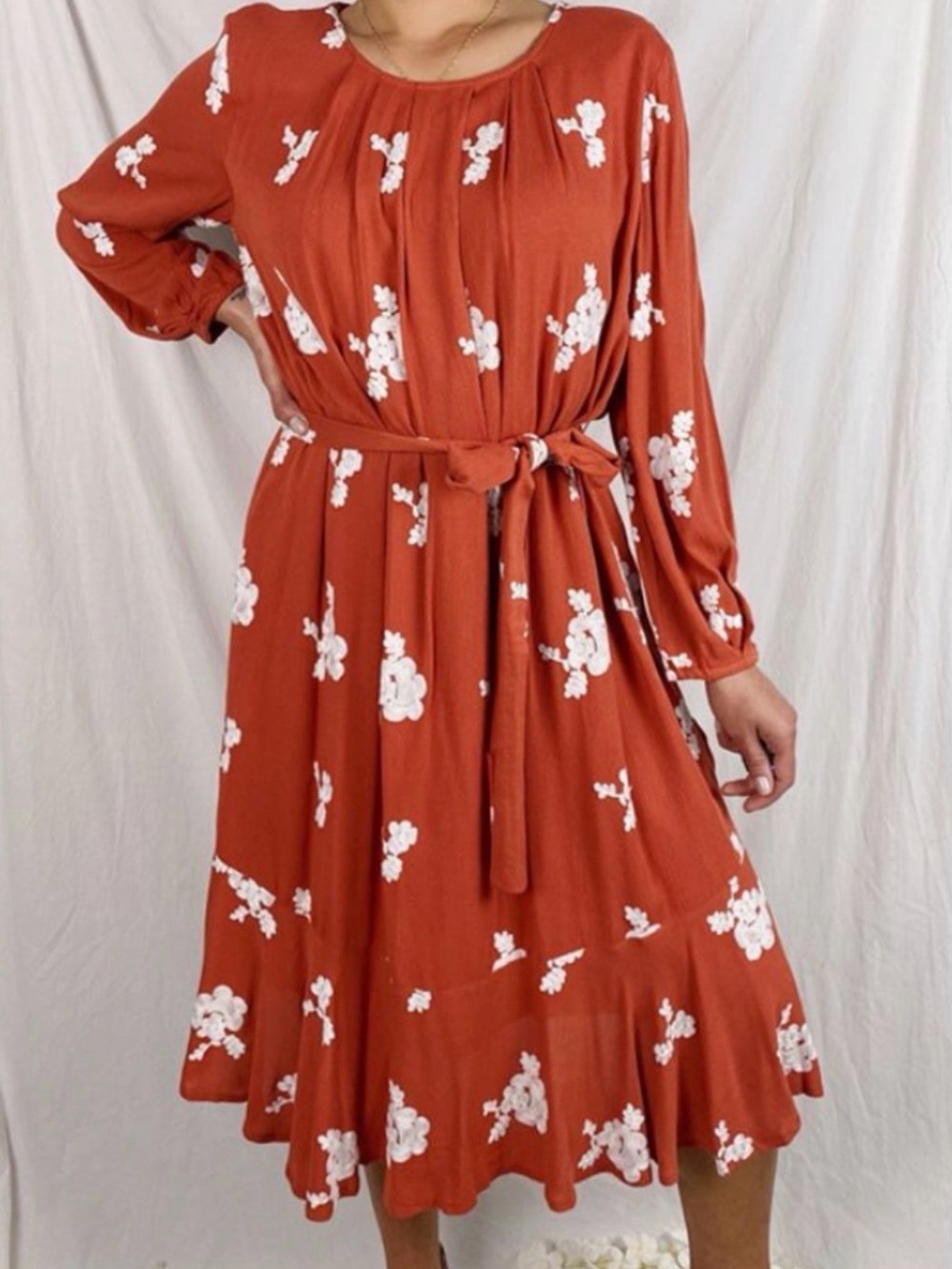 Ces Femme Rust Floral Long Sleeve Tie-Waist Dress